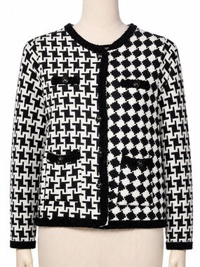 Asymmetric Parisian Style Split Houndstooth Button Knit Jacket Cardigan Blazer L